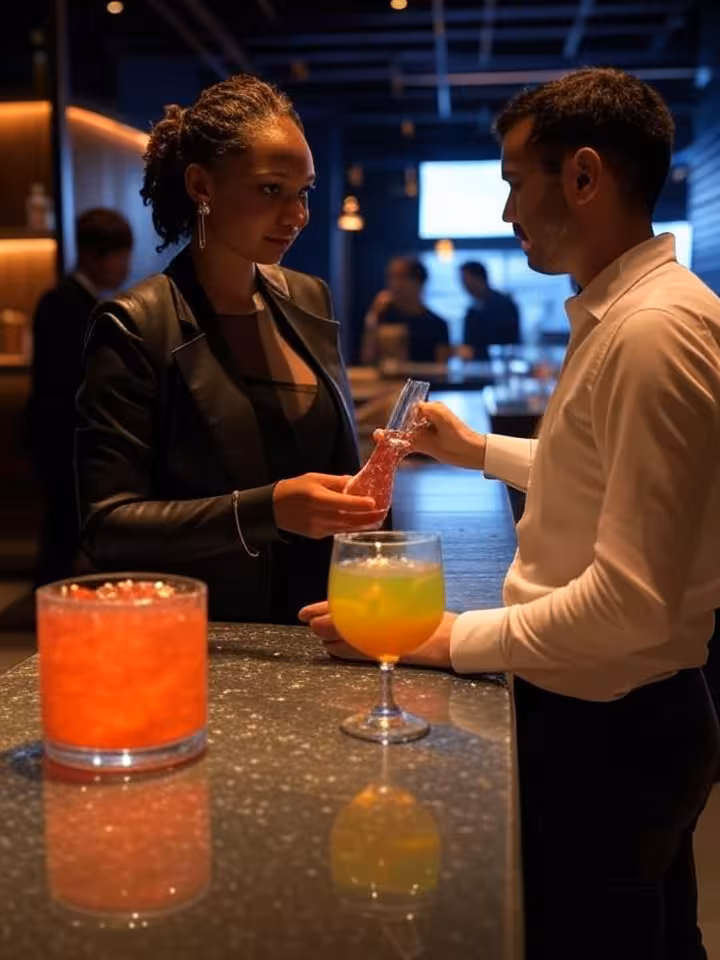 Person confidently ordering mocktail at trendy bar counter, bartender preparing colorful non-alcohol