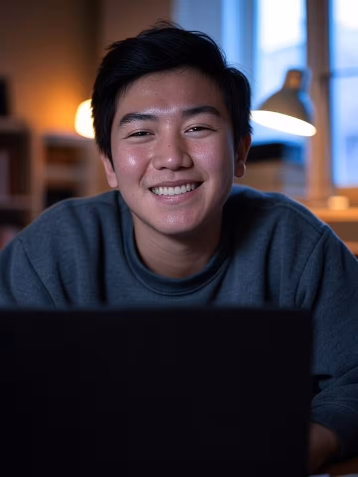 young adult on video call date using laptop, casual home environment, genuine smile, warm interior l