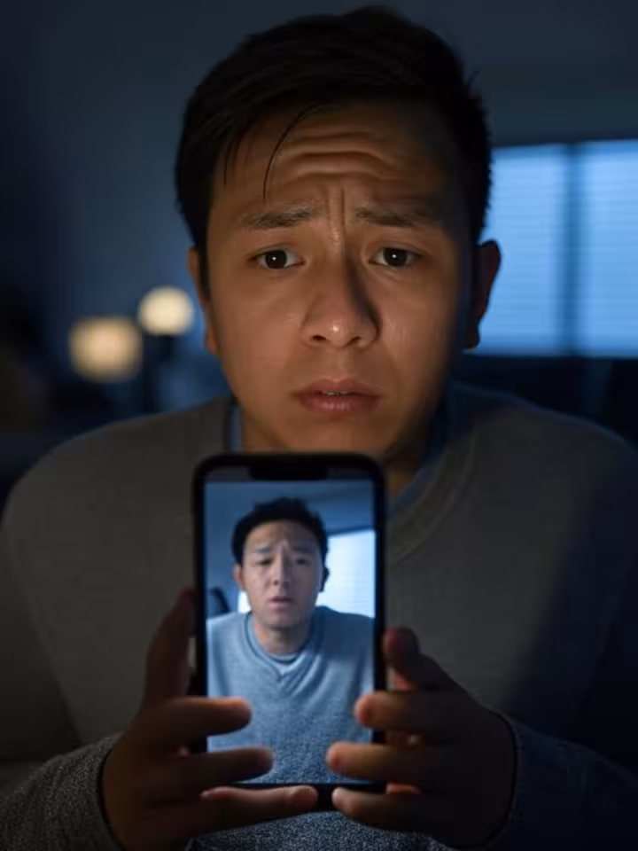 person video calling on smartphone with suspicious blurred screen on the other end, worried expressi