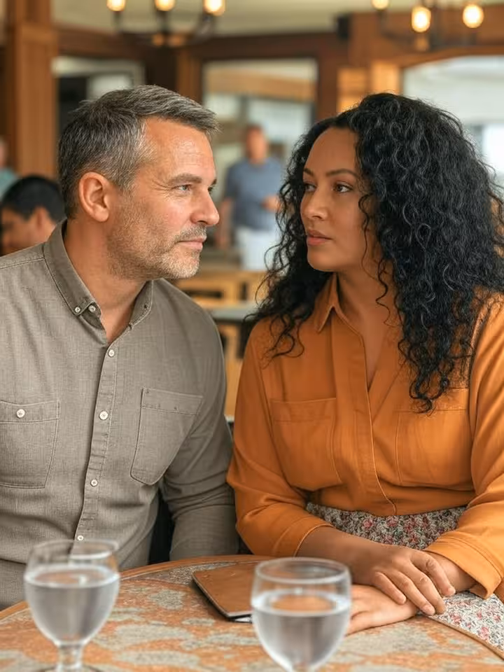 diverse couple in deep conversation at restaurant showing respectful disagreement through body langu