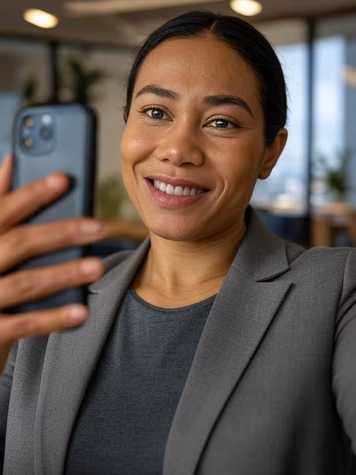 Successful businesswoman taking professional yet relaxed selfie for dating profile in contemporary c