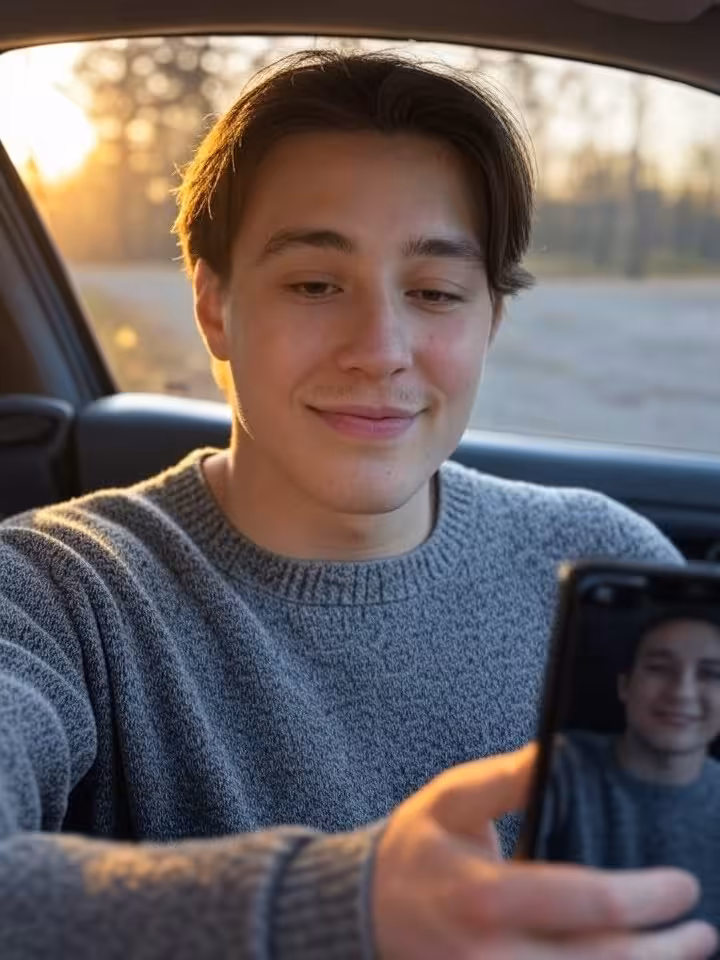 Young adult having private video call on dating app from parked car at peaceful location, alternativ
