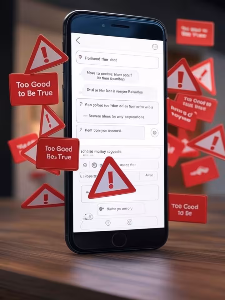 collage of red flag warning signs floating around dating app chat interface, love bombing messages, 