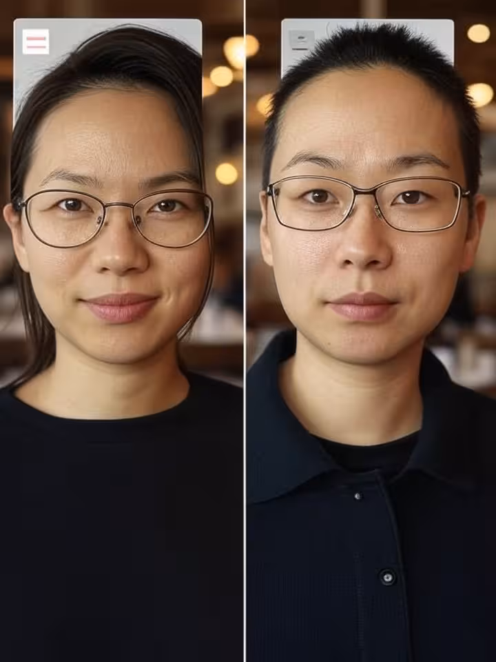 split screen showing dating app profile photo versus real person at date looking completely differen