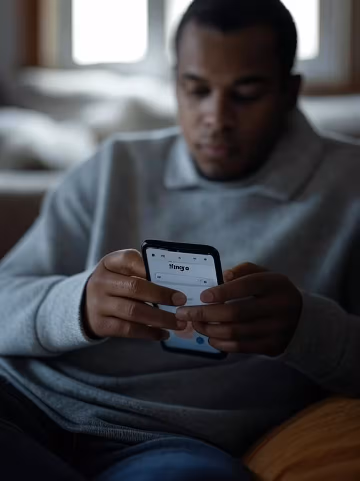 Person typing thoughtful response on Hinge app, close-up of hands and phone screen, comfortable home