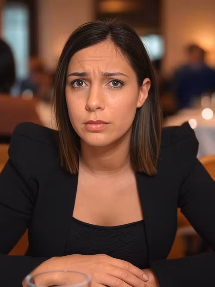 woman looking concerned establishing personal boundaries during first date, assertive body language,