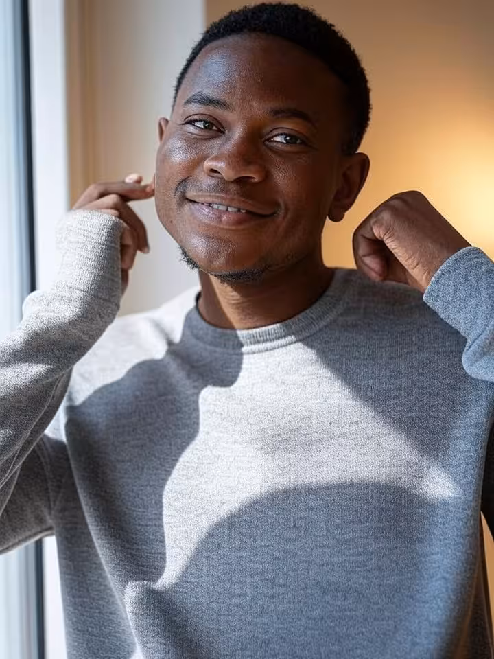 Person confidently adjusting photo lighting near window for natural authentic dating profile picture