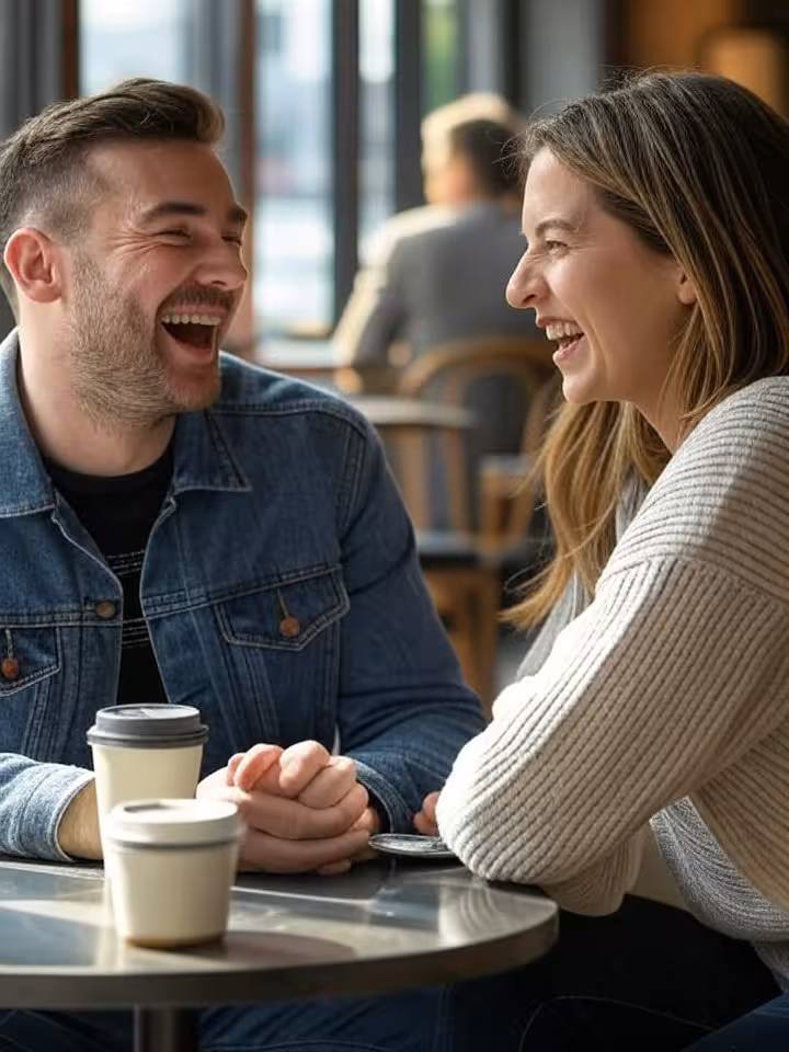 Two friends laughing together at a cafe, casual and comfortable body language, modern dating lifesty