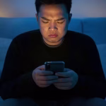 Person anxiously checking smartphone waiting for dating app message, soft blue lighting, frustrated