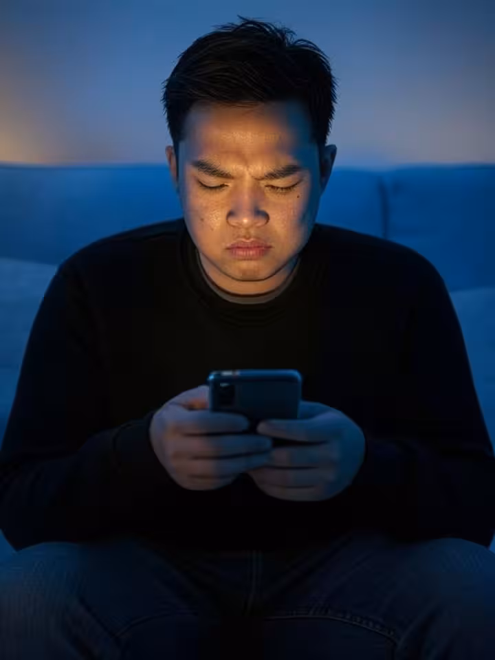 Person anxiously checking smartphone waiting for dating app message, soft blue lighting, frustrated
