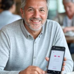 Badoo para mayores de 50: guía práctica sin rodeos para conectar de verdad en 2025 Mature man in his fifties smiling warmly while holding smartphone with dating app visible on screen,