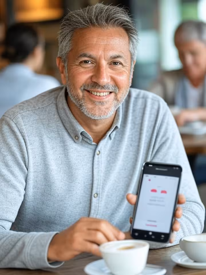 Mature man in his fifties smiling warmly while holding smartphone with dating app visible on screen,