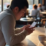 Reprendre les rencontres en ligne après un divorce : comment commencer sans se perdre ? Personne assise seule à une table de café, regardant pensivement son smartphone avec sa tasse de café, dans la chaleur de l'après-midi.