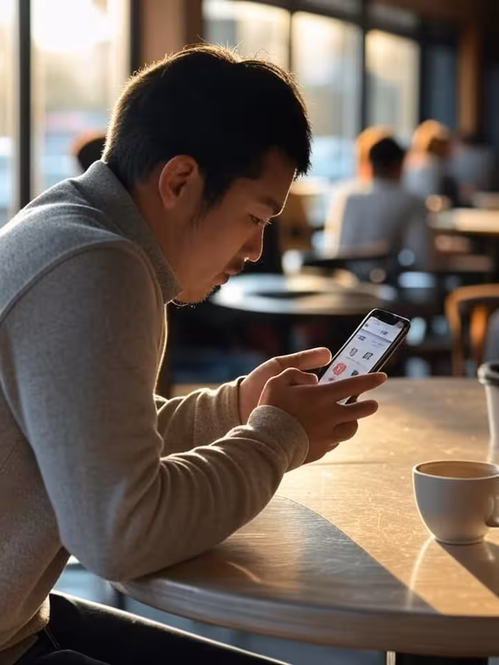 Person sitting alone at cafe table looking thoughtfully at smartphone with coffee cup, warm afternoo