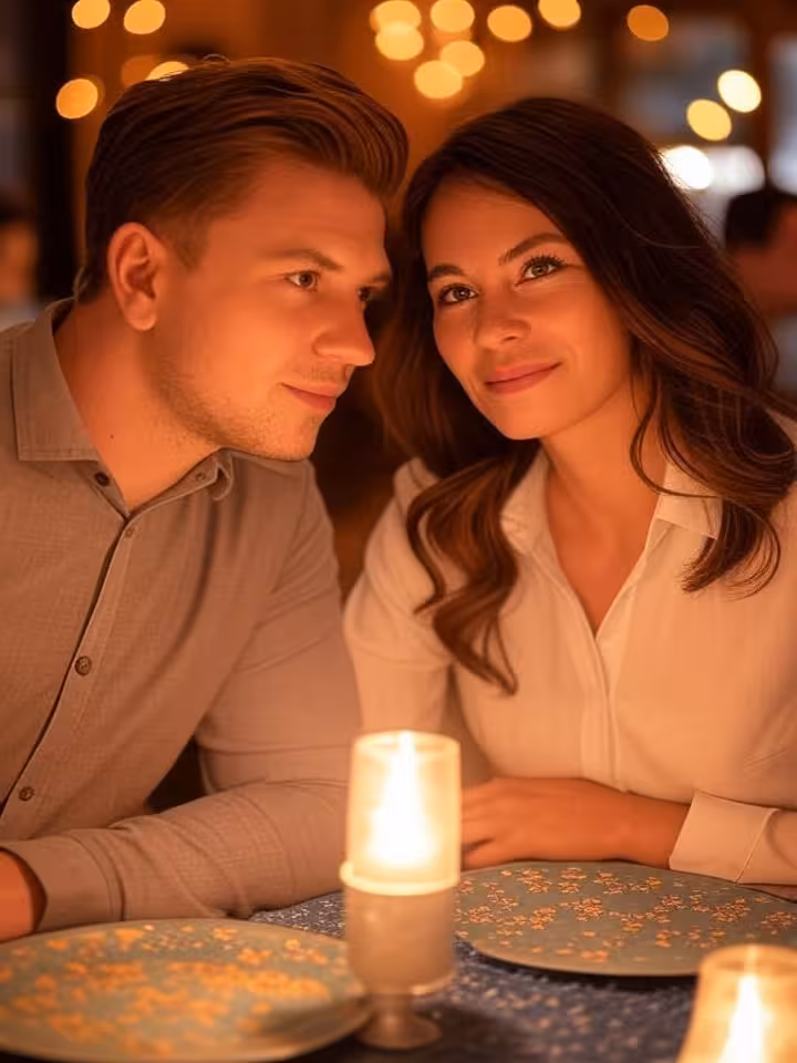 Close-up of two people leaning closer during dinner date, warm restaurant ambiance, soft bokeh light