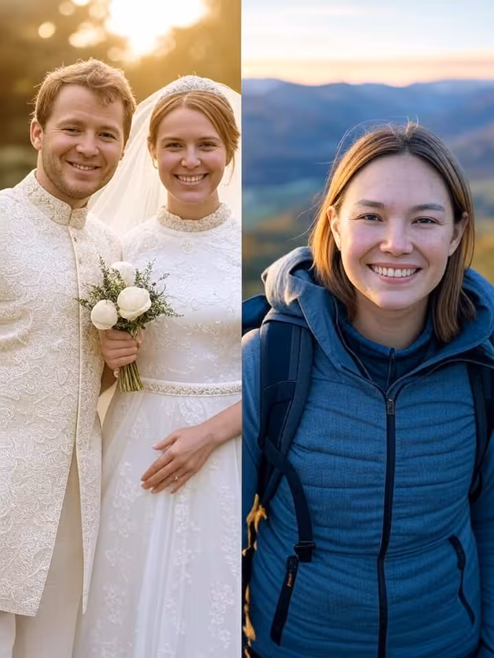 Split screen composition showing old wedding photo fading into new solo travel adventure photo, meta