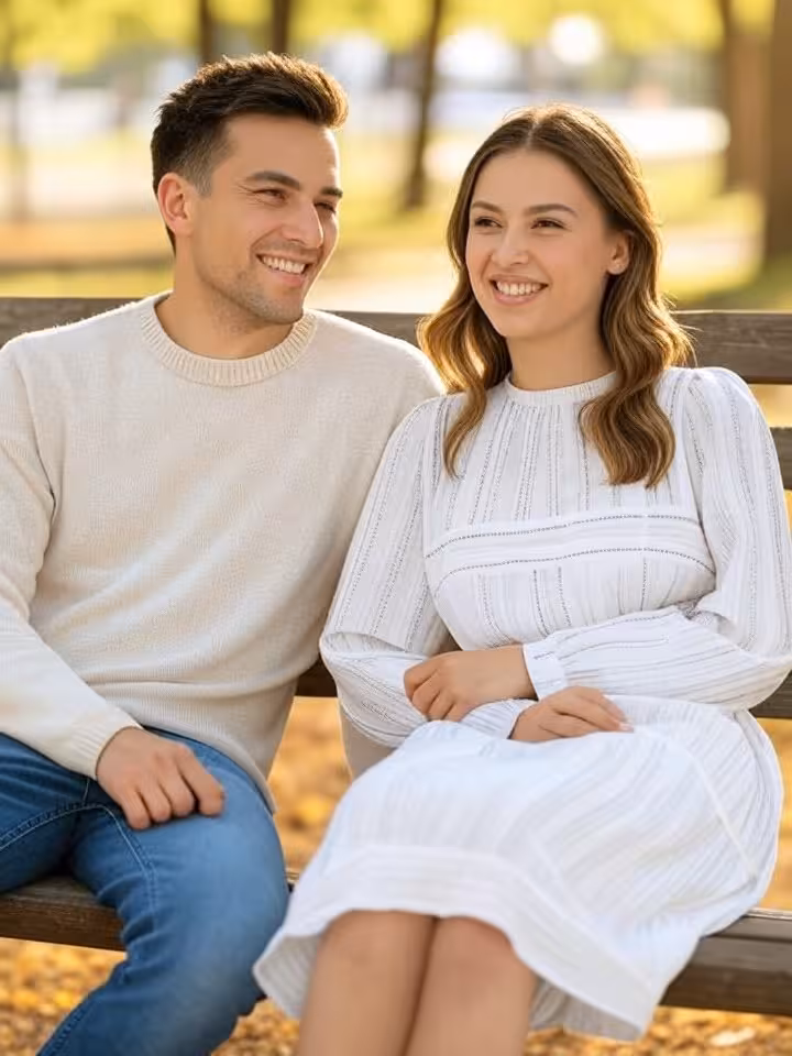 Body language signals during first date, couple sitting close on outdoor bench, subtle physical touc