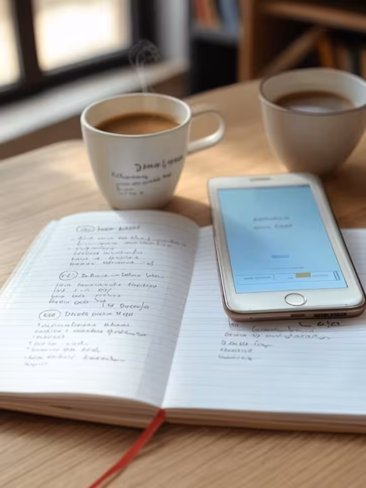 Overhead flat lay of notebook with brainstormed dating profile ideas, coffee cup, smartphone showing
