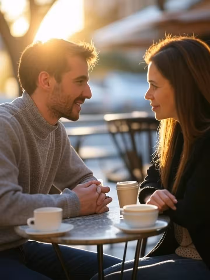 Two people having genuine conversation at outdoor cafe, body language showing connection and active 