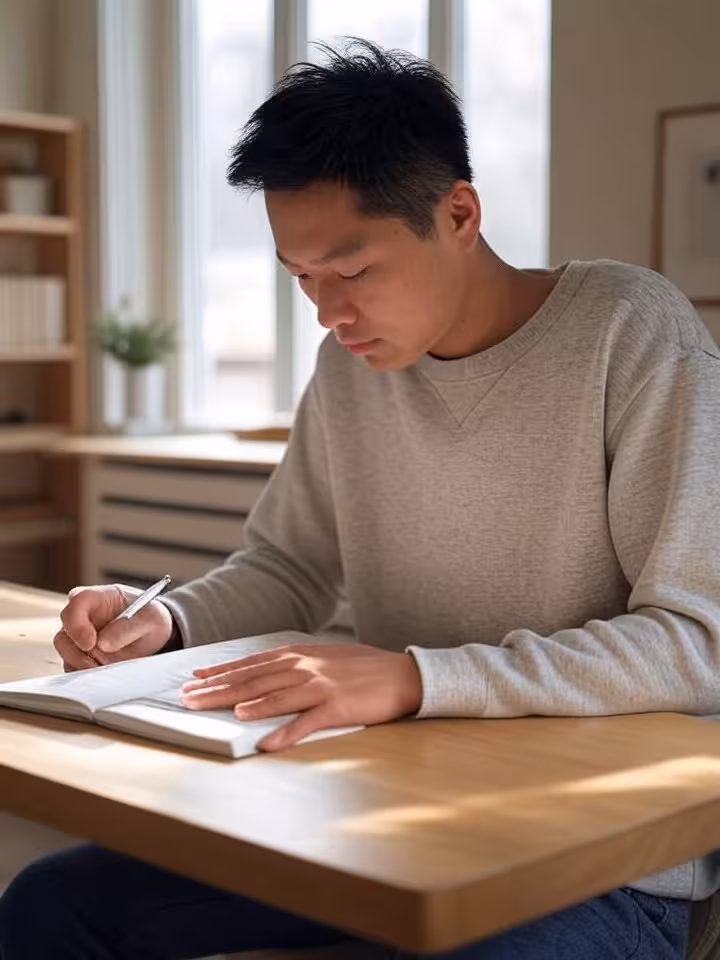 Person journaling or reflecting alone, self-awareness and emotional intelligence concept, peaceful h