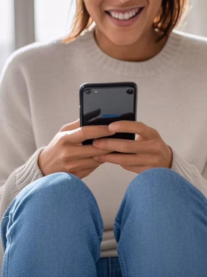 Person smiling while reading interesting message notification from Hinge dating match, genuine happi