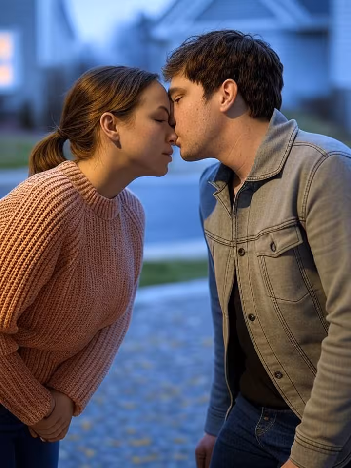Awkward first kiss attempt moment, couple at doorstep saying goodbye, hesitant body language, realis
