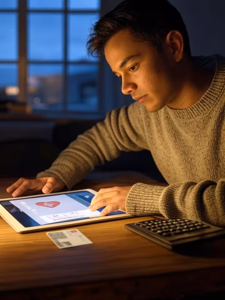 Person reviewing dating app subscription pricing tiers on tablet, contemplative expression, calculat