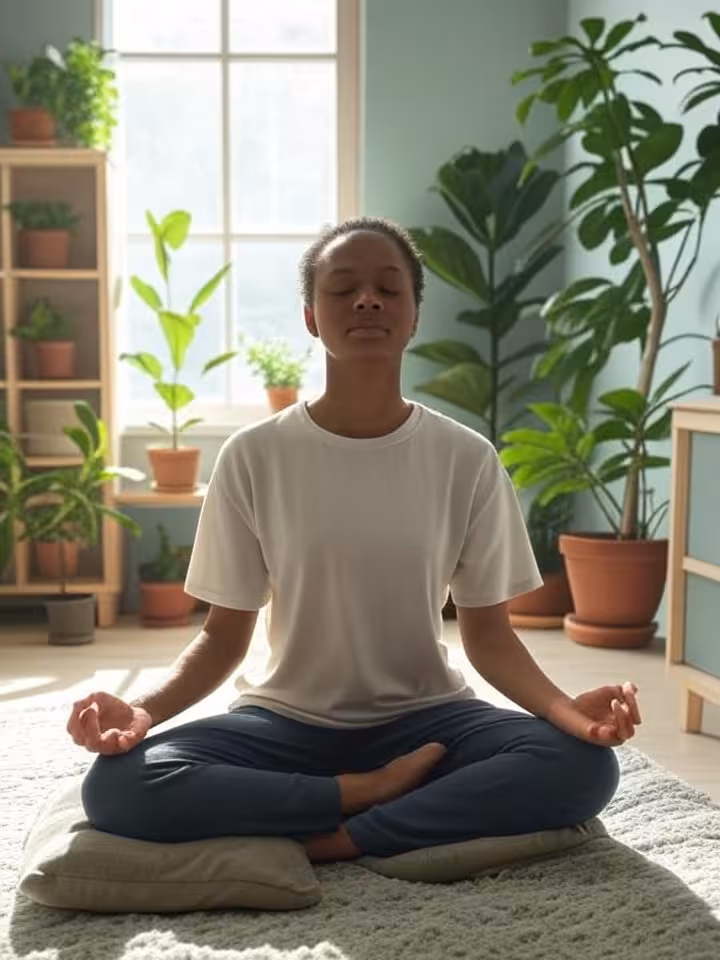 Person doing self-care activity like journaling or meditation, surrounded by plants and calm home en