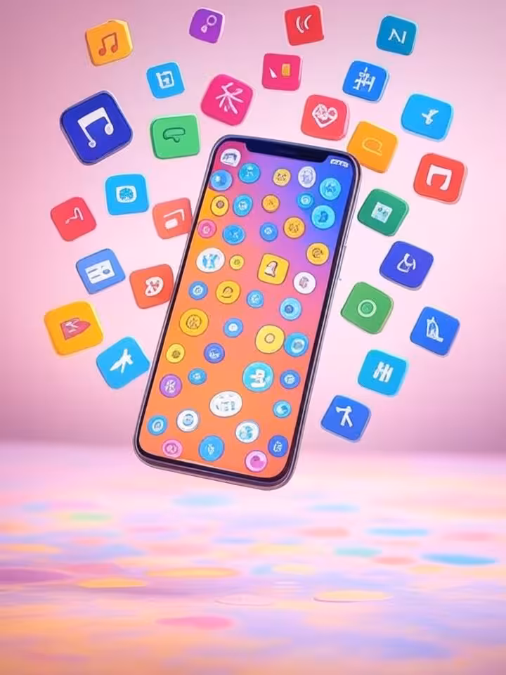 Illustrated icons representing different Hinge prompt categories floating around smartphone, playful