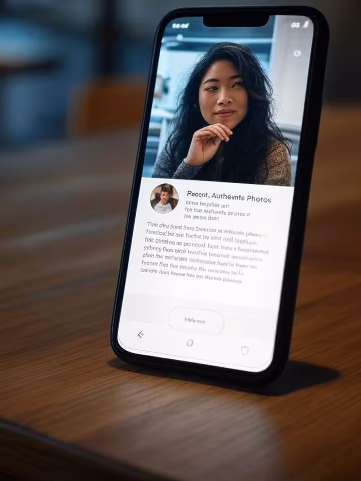 Smartphone screen showing thoughtful dating profile with authentic recent photos and genuine bio tex