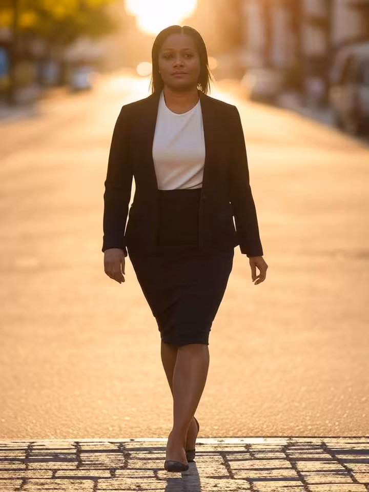 Person confidently walking forward on urban street, leaving shadow behind, metaphor for moving past 